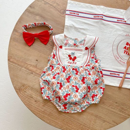 2022 Summer Baby Girl Cool Sleeveless Romper Cherry Embroidery Square Collar Infant Children's One-Year-Old Romper Bag Fart