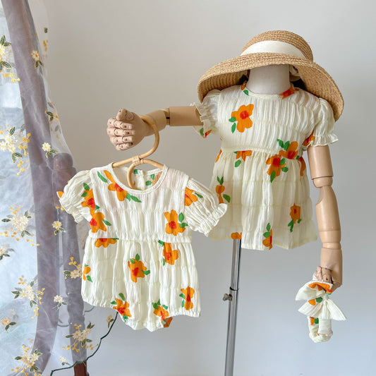 2022 Summer Small Fresh Flowers Short-Sleeved Baby Romper Romper Cotton Wrap Dress Foreign Princess Skirt Sister Dress