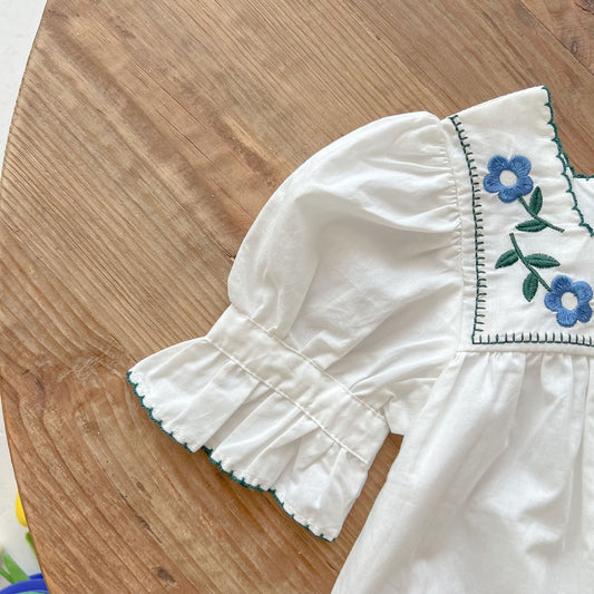 2022 Summer Baby Girl Flower Embroidered Square-Neck Romper Cotton Wrap Fart Clothes Baby Puff Sleeve One-Piece Romper