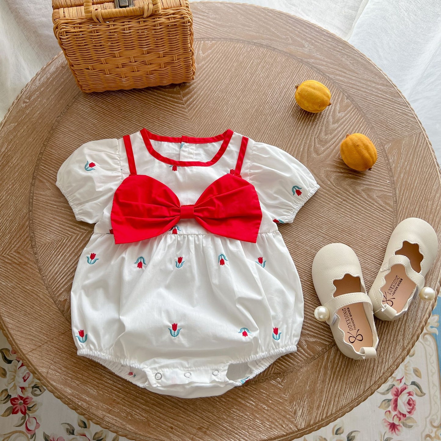 Baby Girl Summer Wrap Clothes Short-Sleeved Big Bow Embroidered Romper Foreign-Style Full Moon Baby Girl Go Out Romper