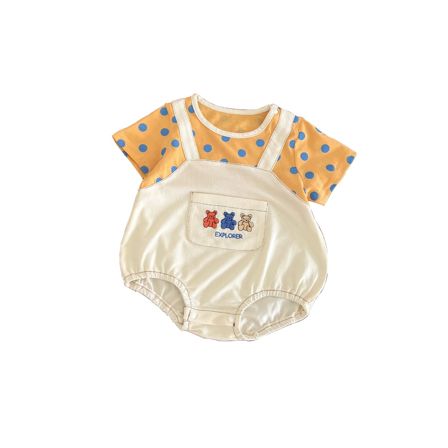 2022 Summer Baby Rompers Cartoon Polka Dot Stitching Bear Embroidery Baby Short-Sleeved Fart Romper
