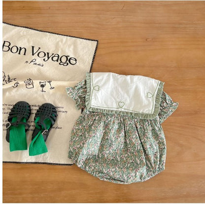 2022 Summer Baby Girl Retro Green Floral Short-Sleeved Romper Bag Fart Love Embroidery Lapel Romper