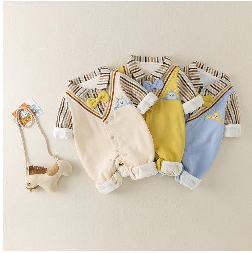 Spring New Baby Clothes Full Moon Male Baby Handsome Korean Version Long-Sleeved Romper Newborn Double-Layer Romper Spring Clothes
