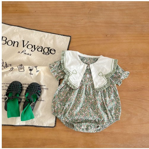 2022 Summer Baby Girl Retro Green Floral Short-Sleeved Romper Bag Fart Love Embroidery Lapel Romper