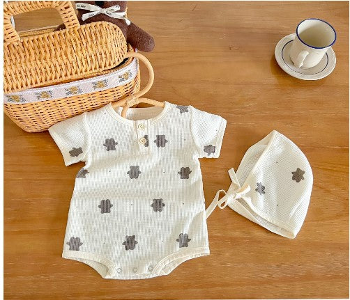 2022 Summer New Baby Jumpsuit Short-Sleeved Waffle Bear Romper Baby Bag Fart Romper